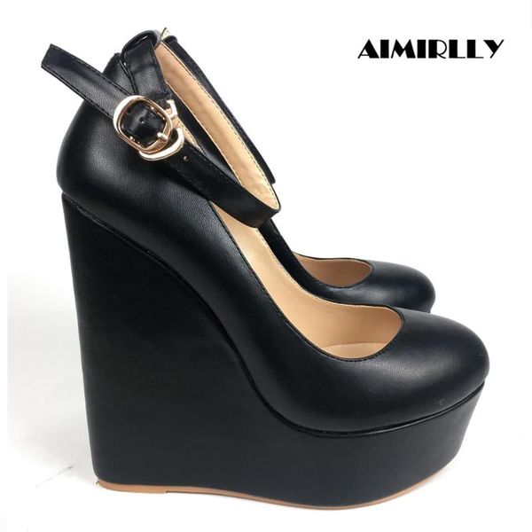 

dress shoes women's pumps wedge heels round toe high platform ladies outdoor clubwear party wear ankle strap black leather