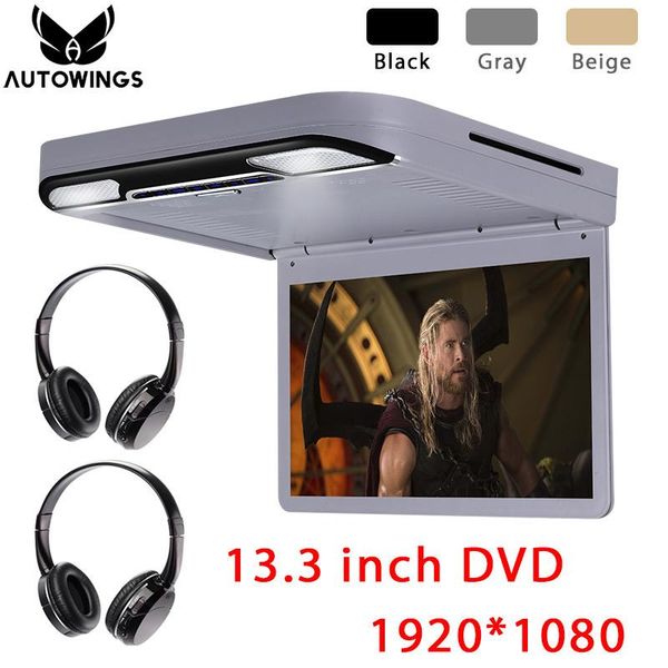 

car video 13.3 inch 1080p tft-lcd ceiling roof mount monitor dvd player built-in speaker fm dmi sd 2 ir headphones