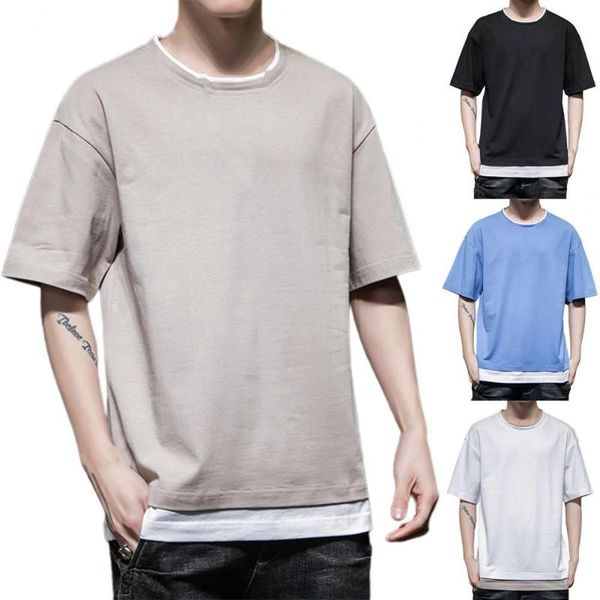 

men's t-shirts spring autumn solid long sleeve men short round neck loose patchwork blouse t-shirt tee comfortable, White;black