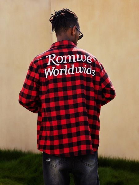 

romwe guys letter gingham button front shirt r72m#, White;black