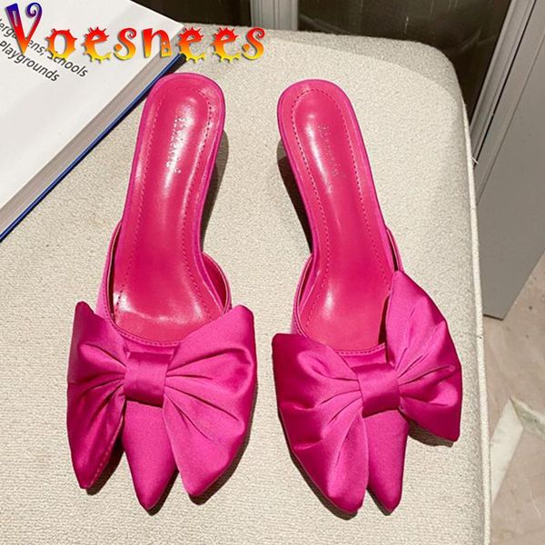 

slippers women slides summer comfortable silk solid bow flip flops butterfly-knot thin heel sandals ladies indoor shoes, Black