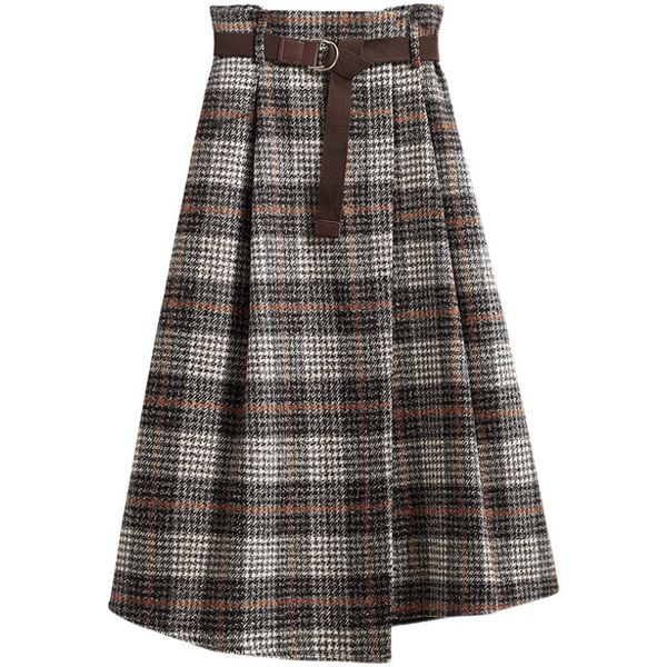 

large size women vintage plaid skirts autmn winter warm irregular wool midi pleated sashes maxi clothing gray, Black