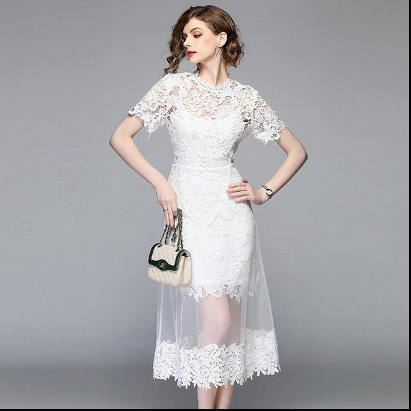 

fashion lace stitching mesh dress clothing 2021 summer new a word white sweet gauze o neck short sleeve mid calf dress, Black;gray
