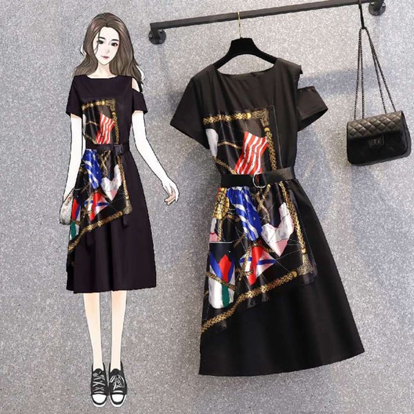 

new 2021 summer off shoulder women's stitching printing waist closing fake two piece dress short sleeve a-line, Black;gray
