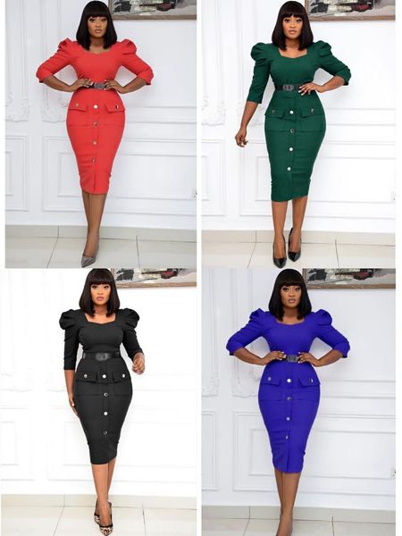 

casual dresses square neck dress african women's 3/4 sleeves with button pocket + belt fashion lady style temperament spring 2021, Black;gray