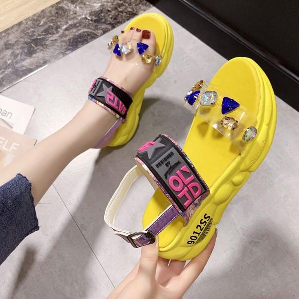 

summer women beach sandals 2021 fashion transparent wedge flat sandal rhinestone high heels chunky platform shoes woman sandals, Black