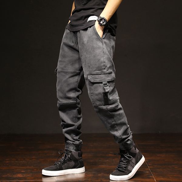 

2021 new fashion streetwear men jeans loose fit black gray big pocket casual cargo pants slack bottom hip hop joggers wide leg trousers 5ehf, Blue