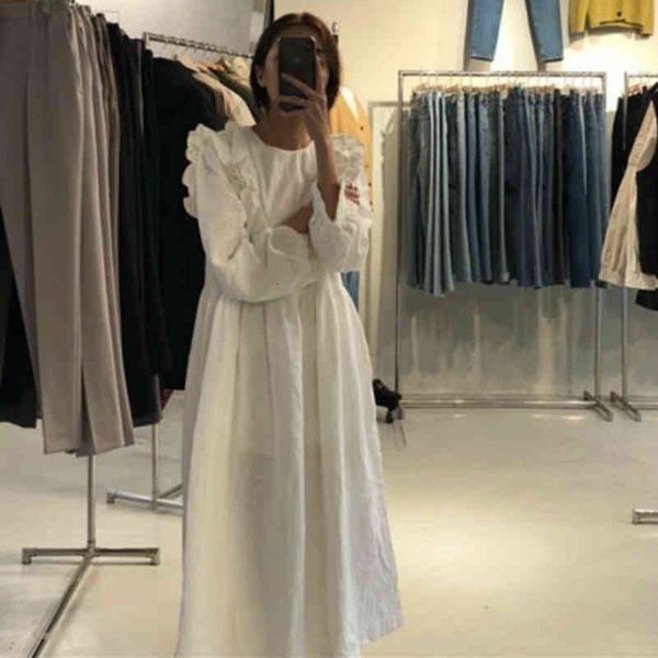 

casual dresses women autumn bubble cotton white long ruffle dress loose long sleeve vintage elegant high waist dresses round collar 1f3k, Black;gray