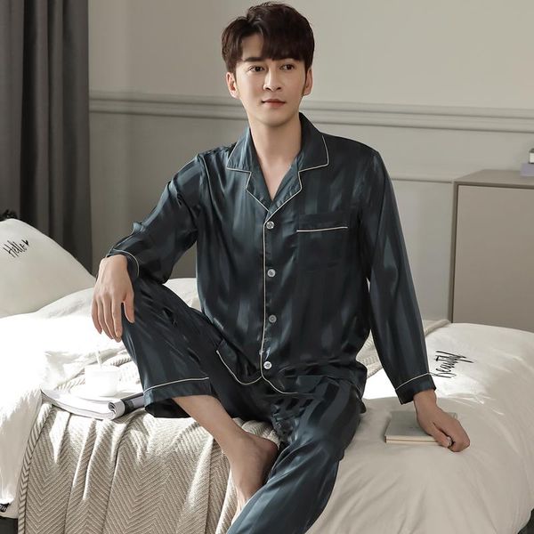 

spring sleepwear satin silk pajamas for men home clothes long sleeve turn-down collar casual soft plus size 3xl men's pajama set, Black;brown