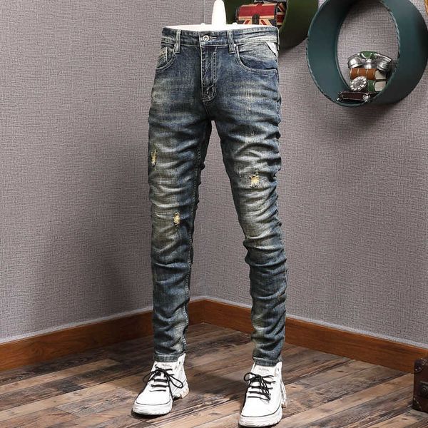

european vintage fashion men jeans retro dark blue elastic slim ripped embroidery patched designer casual denim pants 7ats