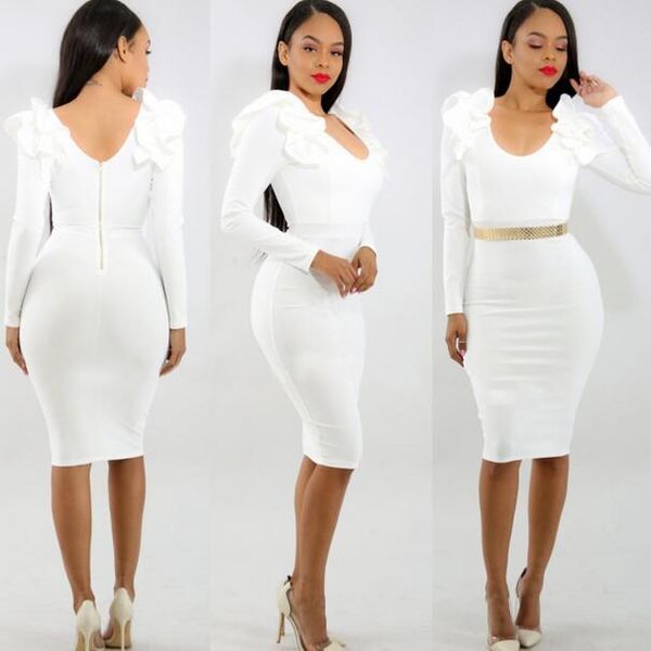 

casual dresses party dress women 2021 spring ruffle long sleeve back zip elegant bodycon black white blue red pencil wf219, Black;gray