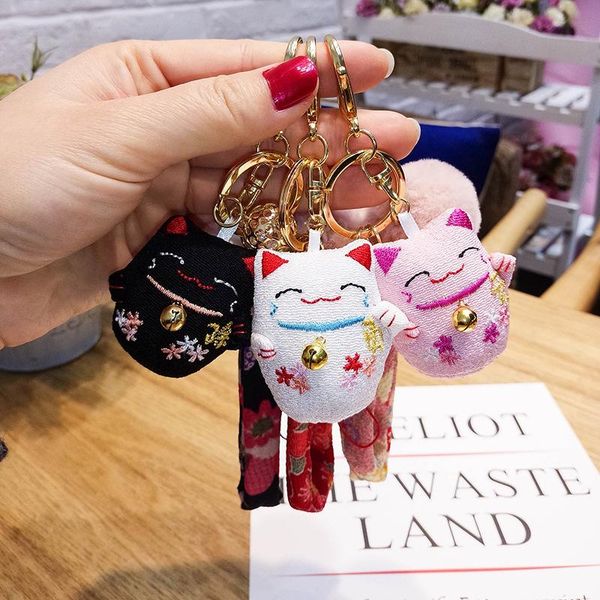 

keychains handmade stitch lucky cat keychain women cute pompom ball key chain bag charms pendant accessories animal car ring chaveiro, Silver