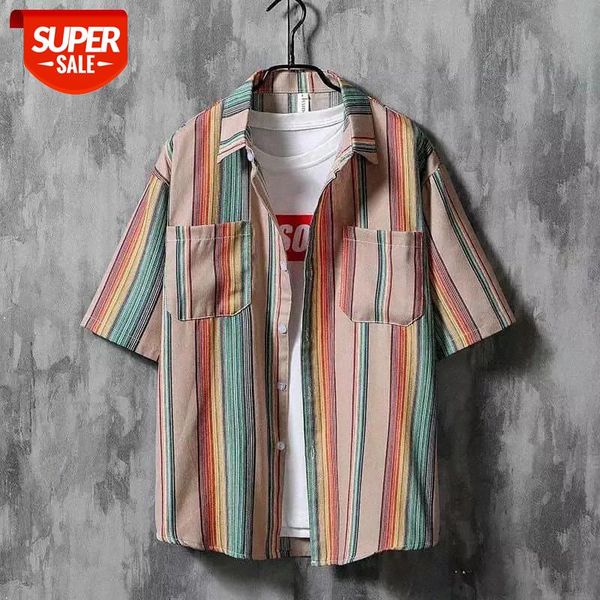 

summer short-sleeved shirts men blouses women korean loose trend color striped japanese tooling jacket harajuku shirt punk #ga21, White;black