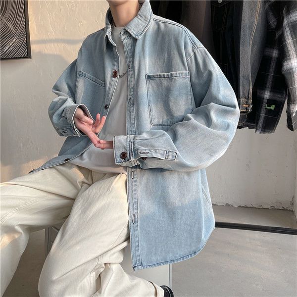 

2021 men's simple denim new style long sleeves shirt chic clothes blue color coats loose camisa masculina -2xl ofy0, White