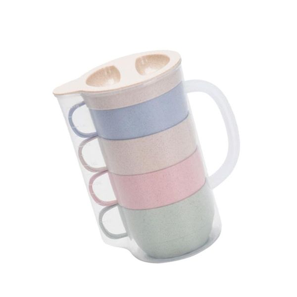 

mugs 5 in 1 wheat straw large capacity kettle and cups kit heat resistant portable water container set creative for travel picnic cam