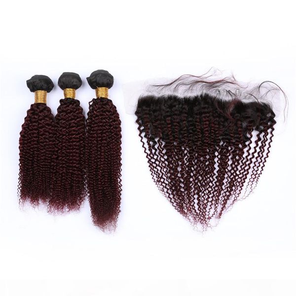 

kinky curly indian virgin human hair wine red ombre bundles deals and 13x4 frontal closure #1b 99j burgundy ombre lace frontal with weaves, Black;brown