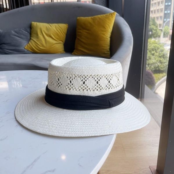 

wide brim hats women's summer hat black ribbon hollow sun protection cap female flat breathable straw beach, Blue;gray