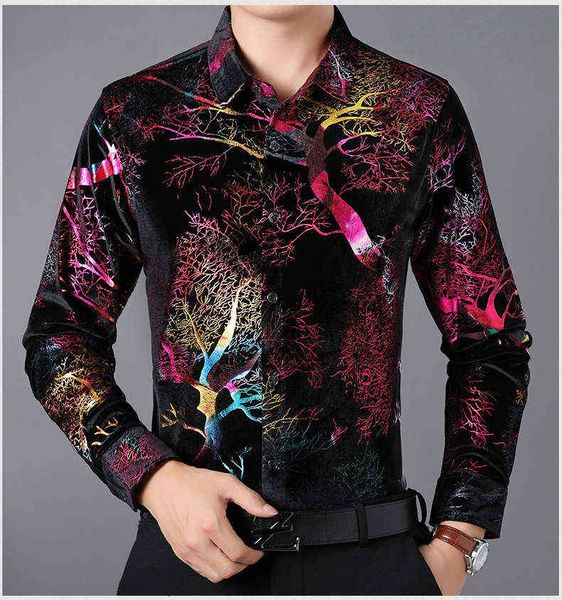

autumn middle-aged and young men's golden veet bright face long sleeve printed personalized busins casual shirt cardigan, White;black