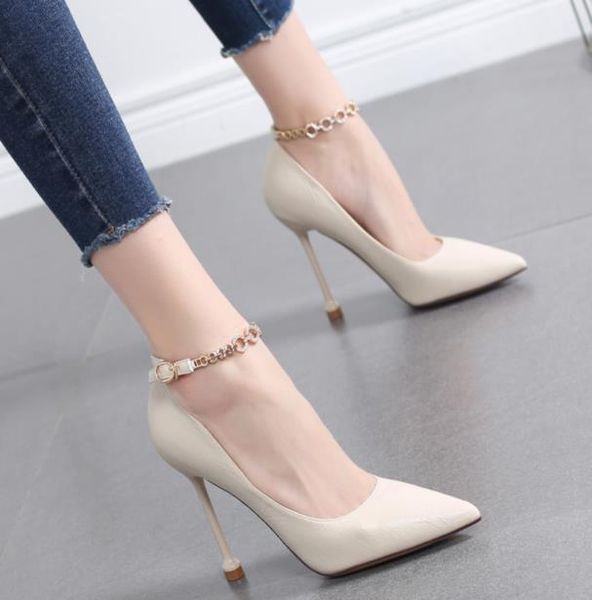 

dress shoes stiletto 2021 all-match word buckle with pointed shallow mouth single rhinestone 10cm women's, Black