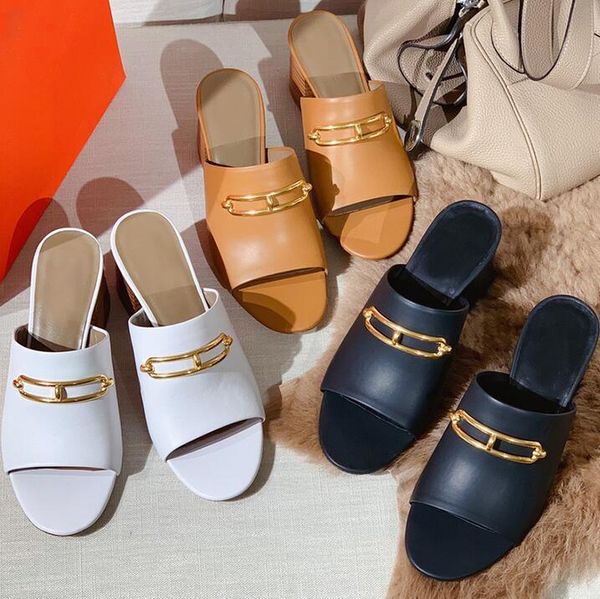 

slippers 2021 summer 6cm hoof heels mules shoes women high quantity genuine leather metal decoration elegant work shose, Black