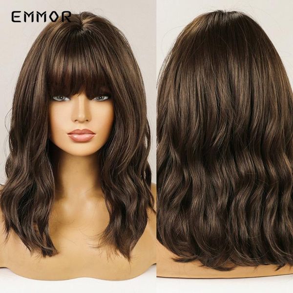 

emmor fluffy brown wig for women natural long wavy wigs with bangs fashion heat resistant fiber, Black