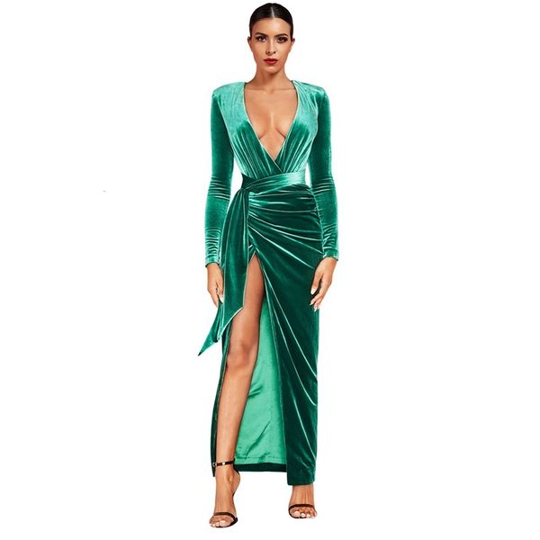 

2021 new green v neck long sleeve maxi tie slit bodycon fly19281-green 51pv, Black;gray