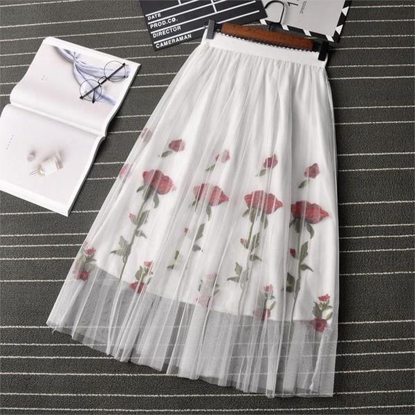 

skirts 2021 fashion vintage long black white floral mesh rose embroidery a line summer high-waist bohemian style