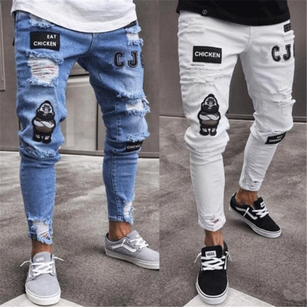 

men's jeans men stretchy ripped skinny biker embroidery print destroyed hole taped slim fit denim scratched jean, Blue