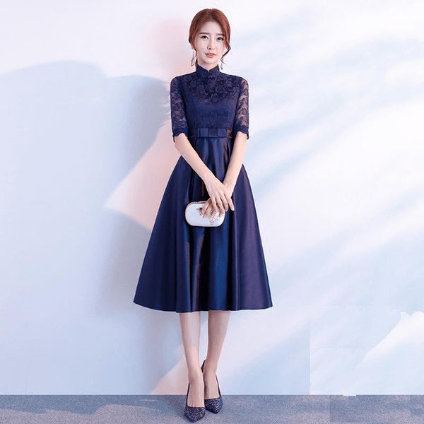 

mandarin collar women chinese dresses elegant lace floral banquet a-line qipao half sleeve mid-length satin wedding skirt gown, Red