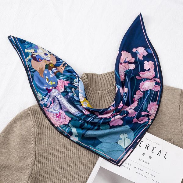 

scarves 2021 fashion head scarf women flower floral print 100% pure silk square hijab female bandanas kerchief 53*53 cm, Blue;gray