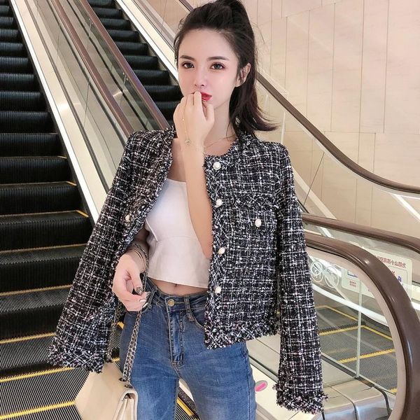

women's jackets 2021 spring autumn small fragrance women plaid tweed jacket coat korean short chic cardigan outwear, Black;brown