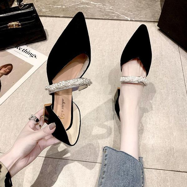 

dress shoes french pearl fairy pointed-toe single women's mid-heel beaded frosted hollow thick-heel all-match sandals, Black