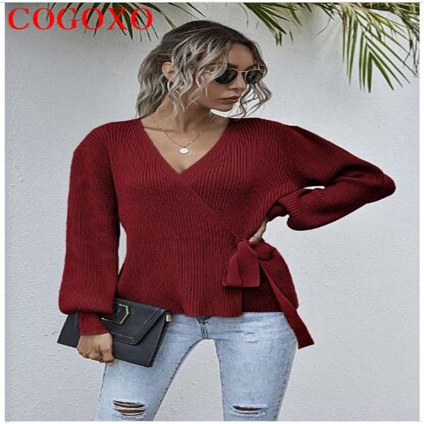 

women's sweaters women v-neck pure color cross chest and tie the waist long sleeve sweater core yarn lantern casual slim pullovers, White;black