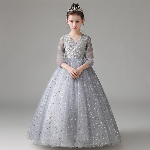 

girl's dresses flower girl illusion three quarter v-neck princess beading floor-length sequined tulle lace silver kids party gown h224, Red;yellow