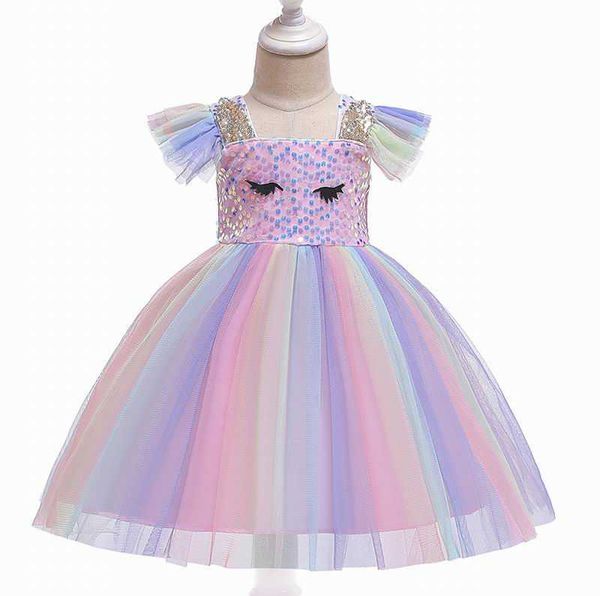 Sequins Unicorn Elbise Kız Giysileri Gökkuşağı Gazlı Bez Flare Kollu Düğün Doğum Günü Partisi Prenses 1-6Y D0099 210610