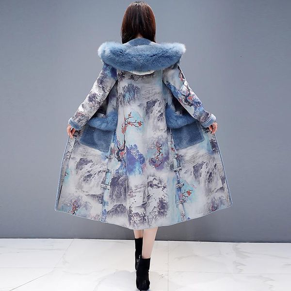

2021 winter long jackets wool liner cotton print outerwear women plus size big fur collar hooded parkas mujer cotton-padded coat sct1, Black