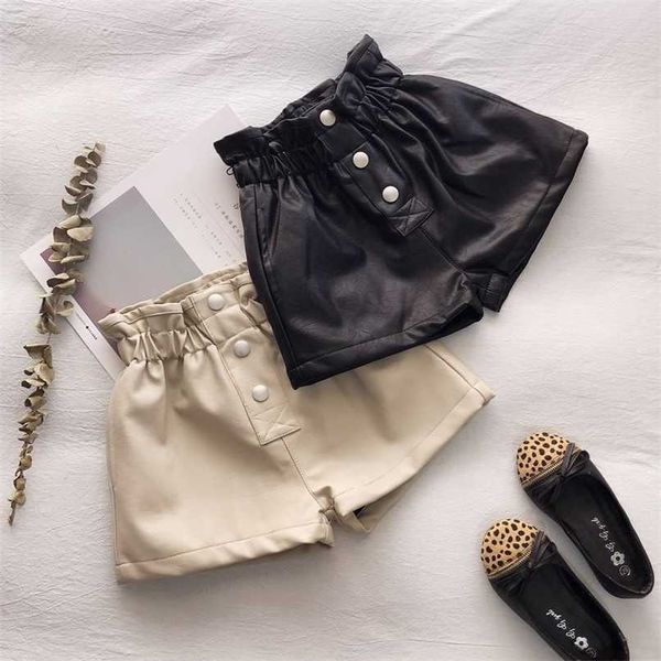 

100-160 cm winter girls thick warm fleece pu leather shorts baby kids children fashion wear two colors 211214, Black