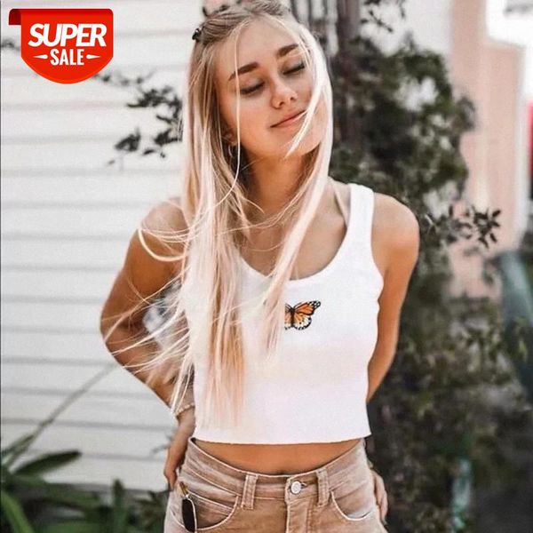 

white sleeveless crop women's butterfly embroidery camisole summer solid basic tees casual ladies tank #qp7k