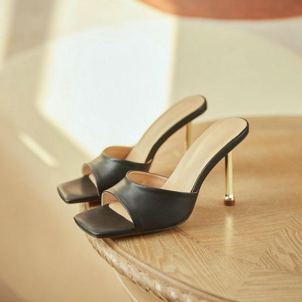 

slippers 2021 women genuine leather shallow pointed toe high heel mules shoes 2colors summer casual, Black