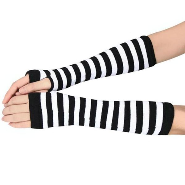 

five fingers gloves women winter glove wrist arm hand warmer knitted long fingerless lady fashion striped mitten *0.8, Blue;gray