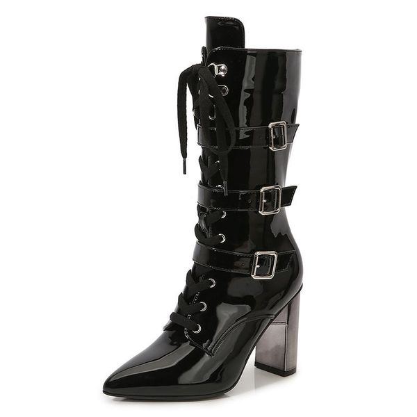 

boots thick-heeled fashion design lace-up boots, large size comfortable side zipper, Black