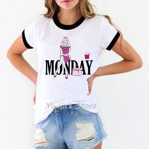 

vogue tshirt women pink monday graphic t shirt camiseta mujer paris style harajuku ulzzang shirt haut femme t-shirt streetwear, White