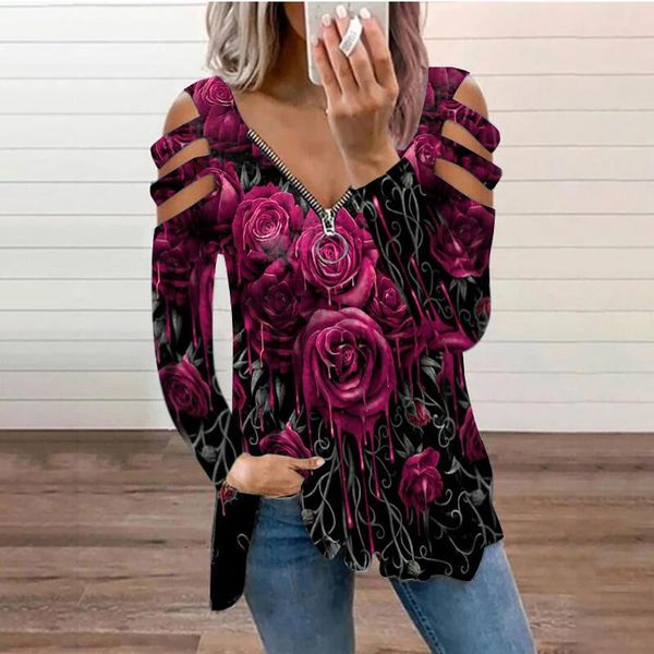 

women's blouses & shirts vintage zipper blouse autumn foral printing long sleeve v-neck shirt casual oversize loose irregular, White
