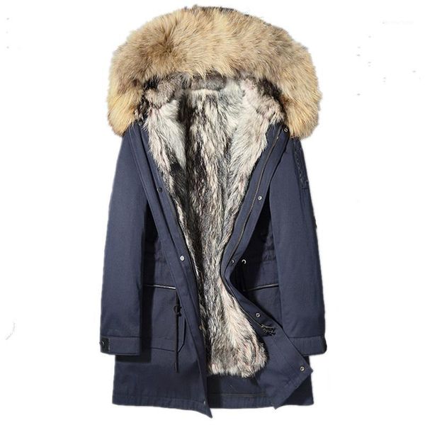 

men's leather & faux winter jacket real fur coat natural wolf liner parka men raccoon collar warm winterjas l18-5500 my1665, Black