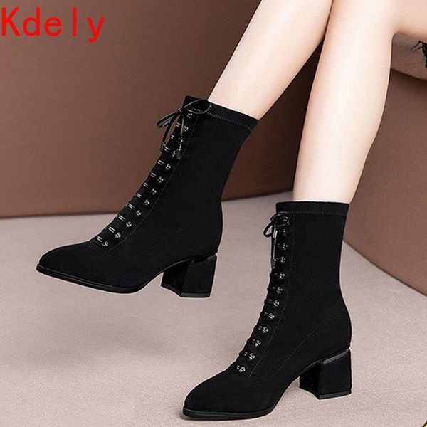 

boots fashion woman ankle suede handmade autumn winter cross-tied heels, Black