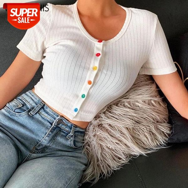 

wannathis o-neck short sleeve button ribbed knitted cropped shirts women summer new casual solid color slim crop ladies #db5s, White