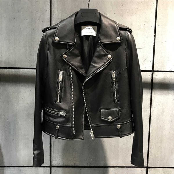 

women genuine leather jacket fashion lady real sheep leather blazer t191104, Black