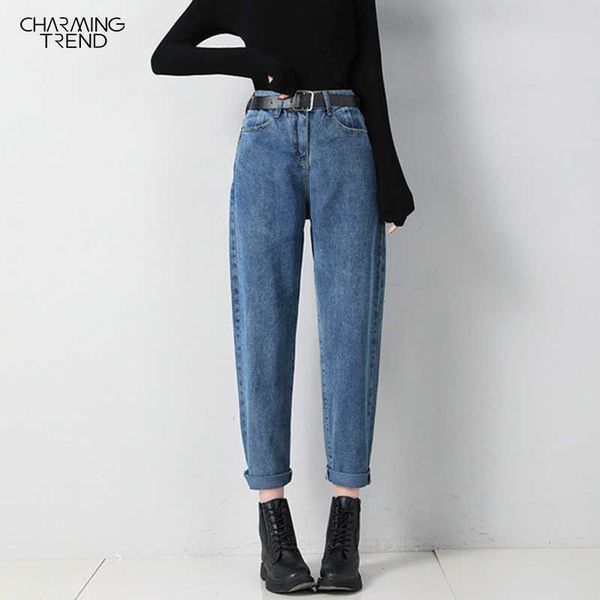 

women's autumn winter solid jeans harem korean bf trousers ladies high waist denim long pant female jeans plus size 5xl 210702, Blue