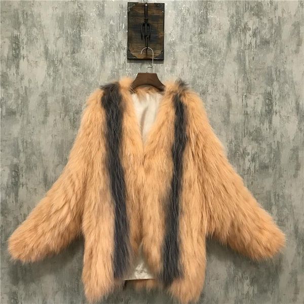 

women's fur & faux 2021 raccoon bat sleeve tuxedo loose big brand casual fashion jacket real coats woman jackets winter clothes women, Black