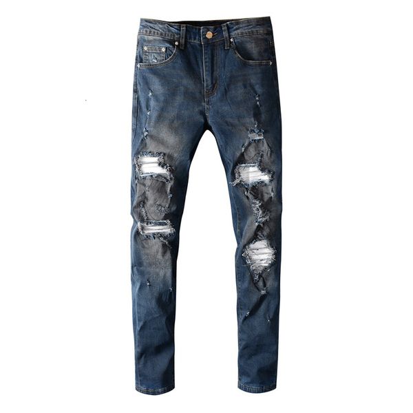 

large size 28-40 fashion streetwear men's stretch denim pants designer slim fit hip hop jeans holes dirty patch x8np, Blue